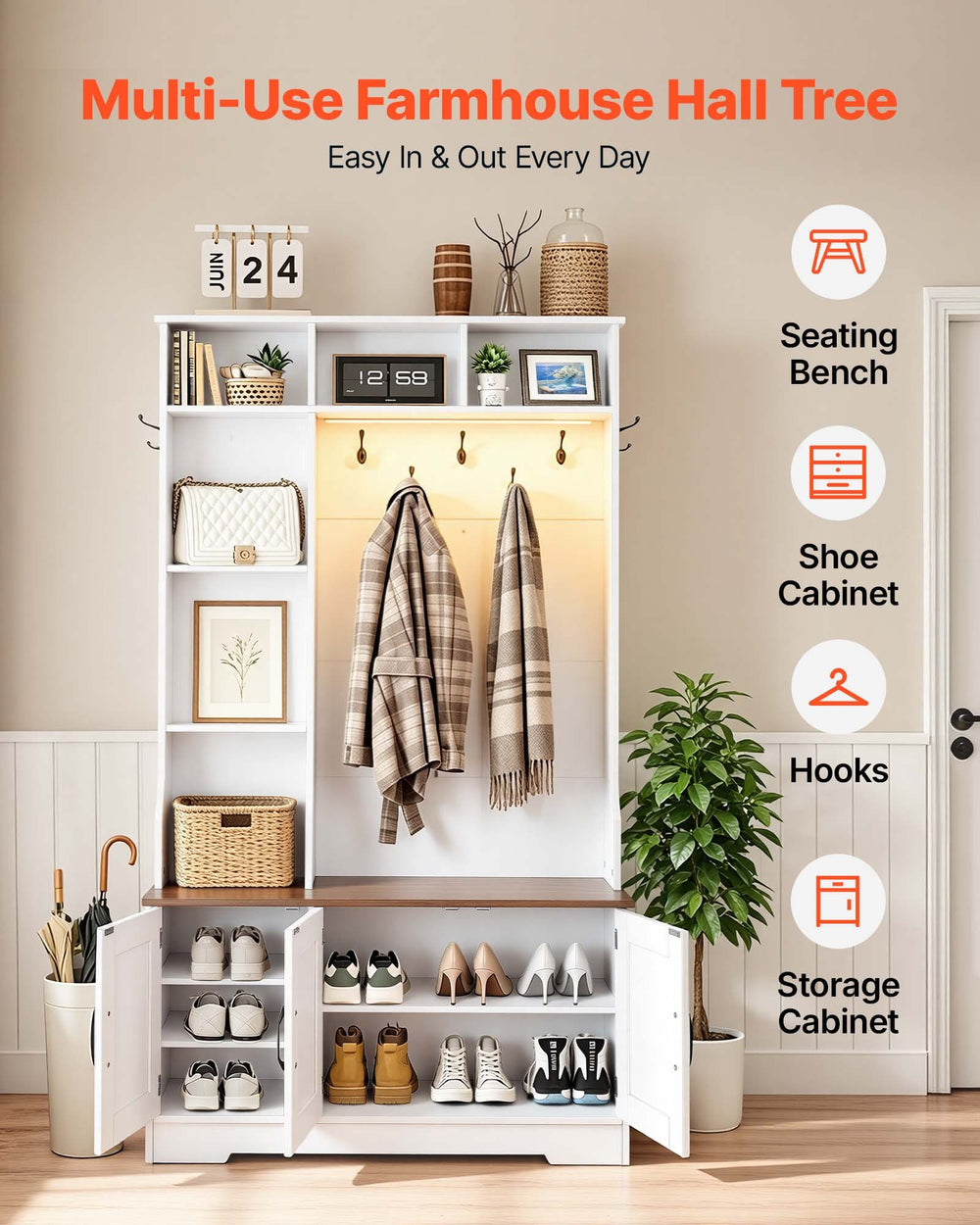 VEVOR Hall Tree with Bench and Shoe Storage, 39" Wide, Entryway Hall Tree with Bench, Hanging Hooks, Storage Shelves, Adjustable Shoe Shelves, LED Light, Wooden, for Mudroom, Entryway, Hallway, White