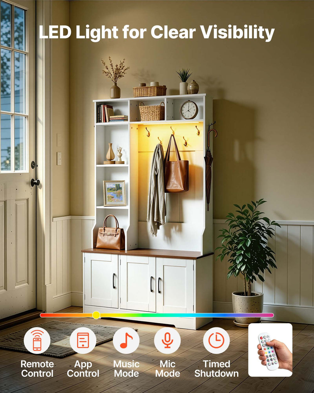 VEVOR Hall Tree with Bench and Shoe Storage, 39" Wide, Entryway Hall Tree with Bench, Hanging Hooks, Storage Shelves, Adjustable Shoe Shelves, LED Light, Wooden, for Mudroom, Entryway, Hallway, White