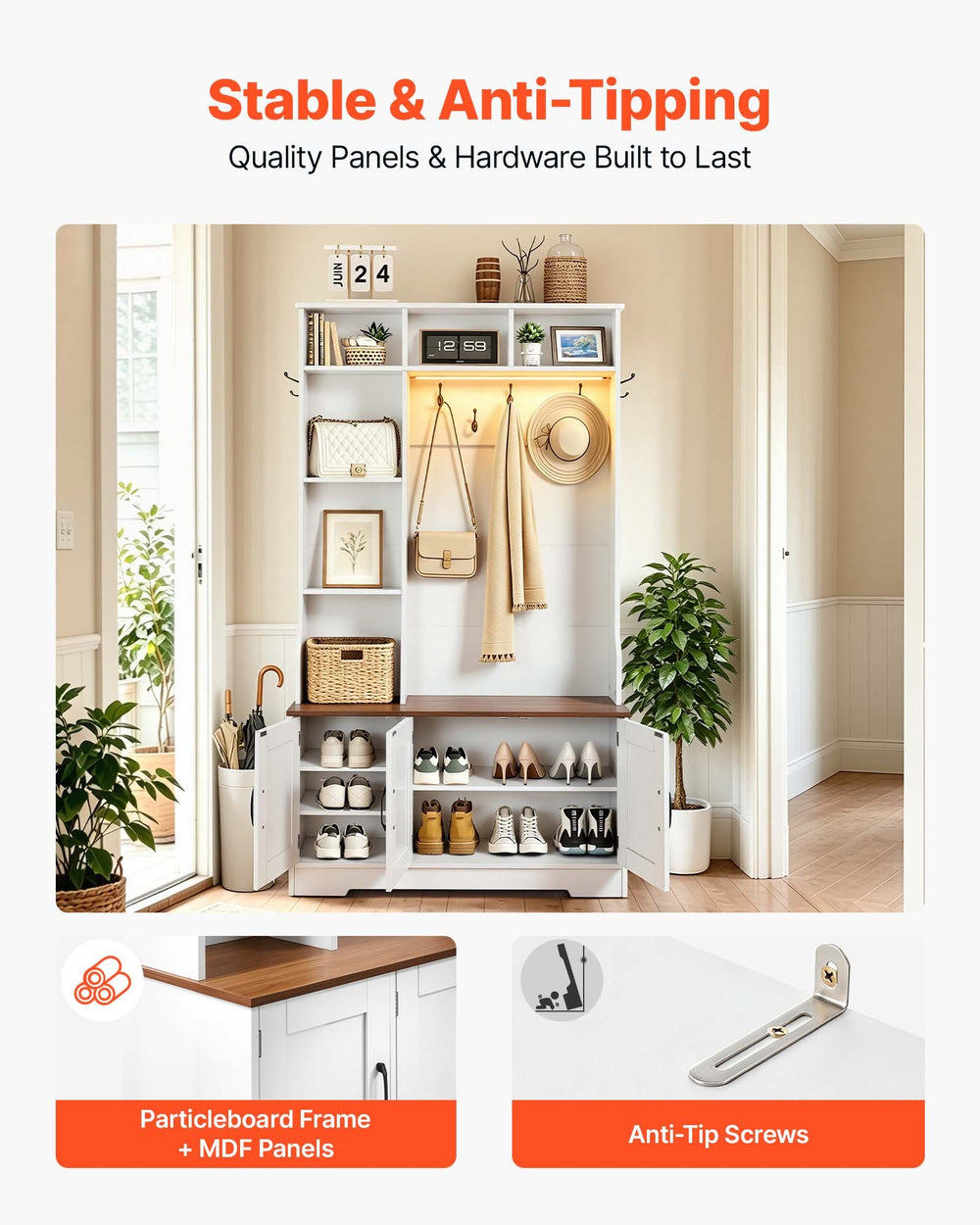 VEVOR Hall Tree with Bench and Shoe Storage, 39" Wide, Entryway Hall Tree with Bench, Hanging Hooks, Storage Shelves, Adjustable Shoe Shelves, LED Light, Wooden, for Mudroom, Entryway, Hallway, White