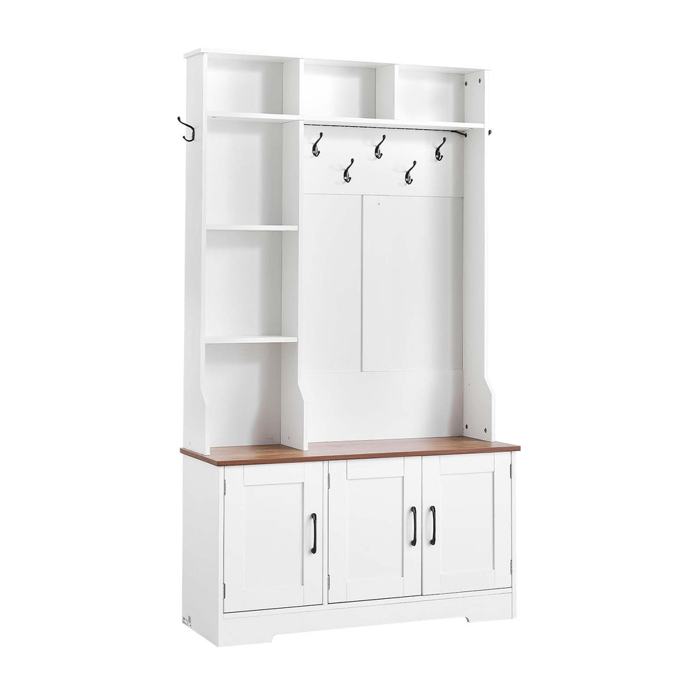 VEVOR Hall Tree with Bench and Shoe Storage, 39" Wide, Entryway Hall Tree with Bench, Hanging Hooks, Storage Shelves, Adjustable Shoe Shelves, LED Light, Wooden, for Mudroom, Entryway, Hallway, White