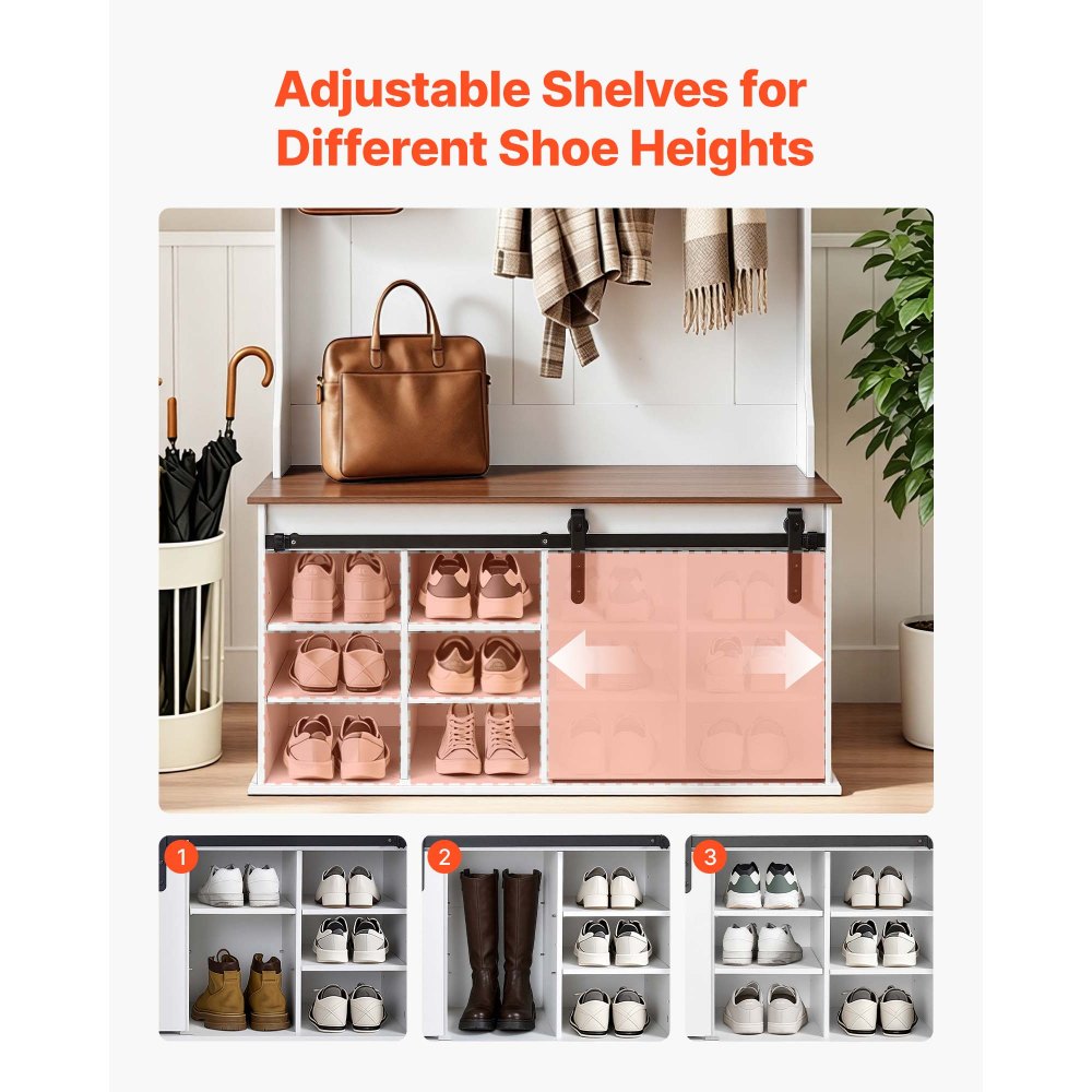 VEVOR Hall Tree with Bench and Shoe Storage, 42" Wide, Entryway Hall Tree with Bench, Hanging Hooks, Storage Shelves, Adjustable Shoe Shelves, Wooden Furniture for Mudroom, Entryway, Hallway, White