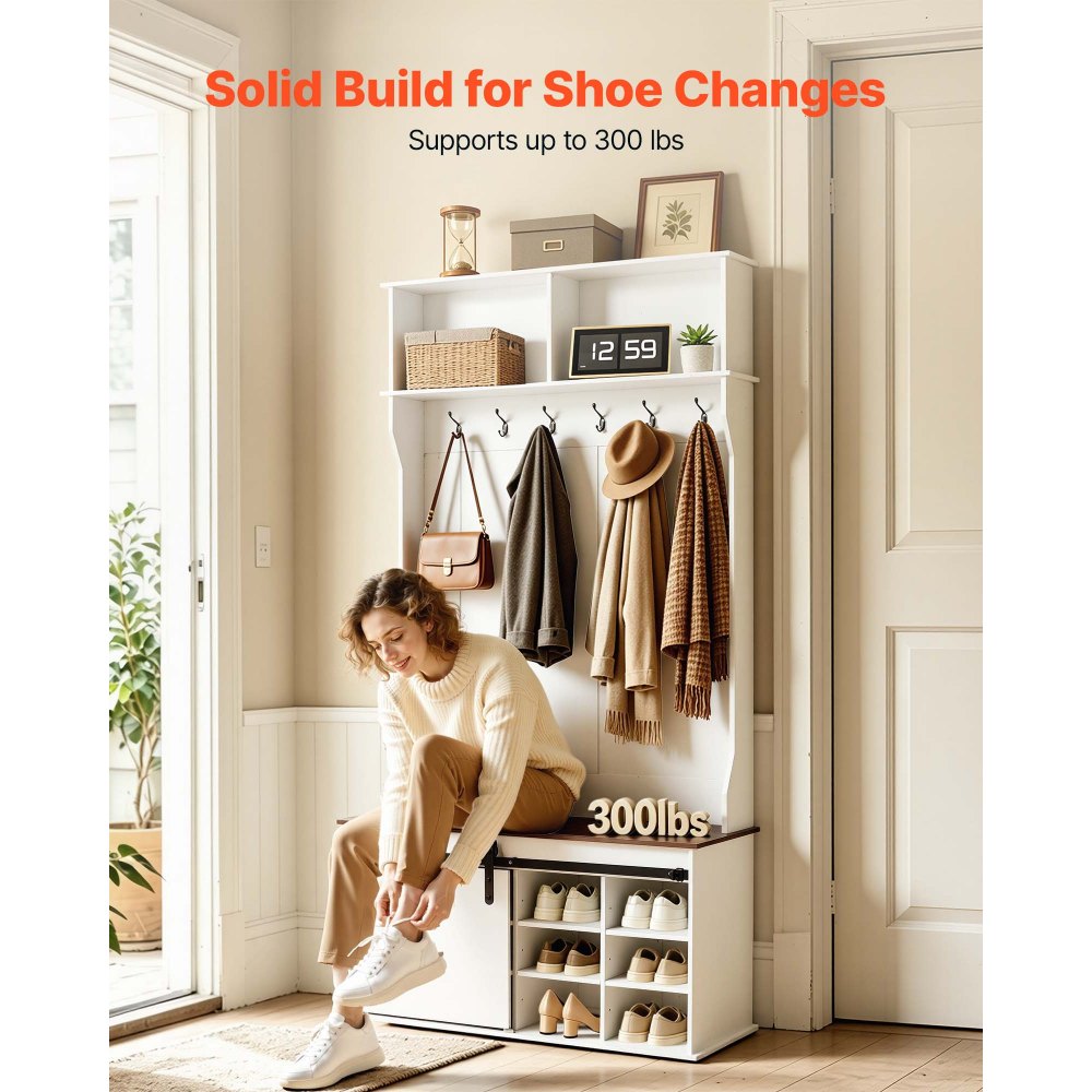 VEVOR Hall Tree with Bench and Shoe Storage, 42" Wide, Entryway Hall Tree with Bench, Hanging Hooks, Storage Shelves, Adjustable Shoe Shelves, Wooden Furniture for Mudroom, Entryway, Hallway, White