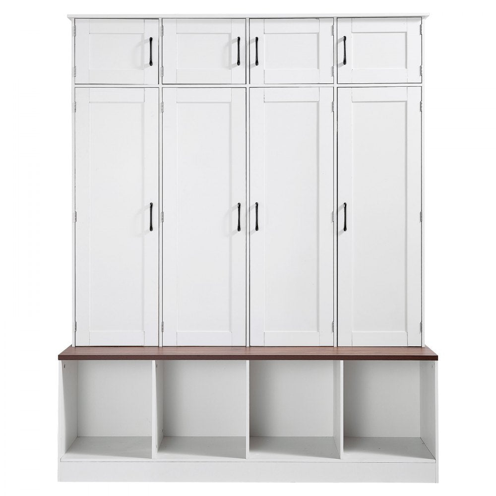 VEVOR Hall Tree with Bench and Shoe Storage, 59" Wide, 4-in-1 Entryway Hall Tree with Bench, Hanging Hooks, Storage Cabinet, and Shoe Cabinet, Wooden Furniture for Mudroom, Entryway, Hallway, White
