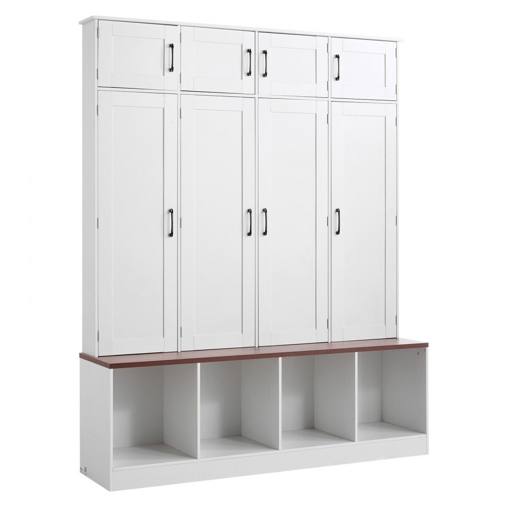 VEVOR Hall Tree with Bench and Shoe Storage, 59" Wide, 4-in-1 Entryway Hall Tree with Bench, Hanging Hooks, Storage Cabinet, and Shoe Cabinet, Wooden Furniture for Mudroom, Entryway, Hallway, White