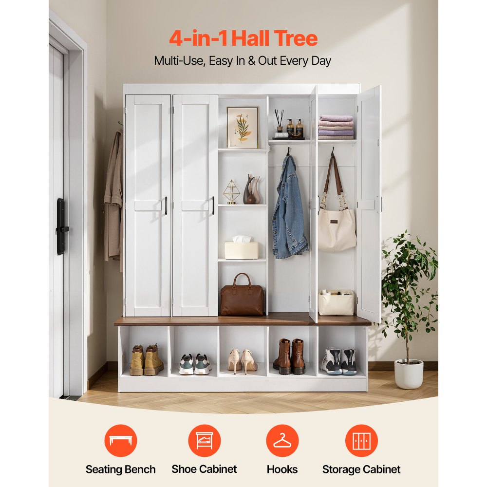 VEVOR Hall Tree with Bench and Shoe Storage, 63" Wide, 4-in-1 Entryway Hall Tree with Bench, Hanging Hooks, Storage Cabinet, and Shoe Cabinet, Wooden Furniture for Mudroom, Entryway, Hallway, White