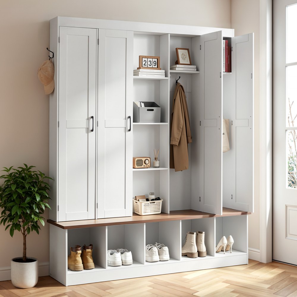 VEVOR Hall Tree with Bench and Shoe Storage, 63" Wide, 4-in-1 Entryway Hall Tree with Bench, Hanging Hooks, Storage Cabinet, and Shoe Cabinet, Wooden Furniture for Mudroom, Entryway, Hallway, White