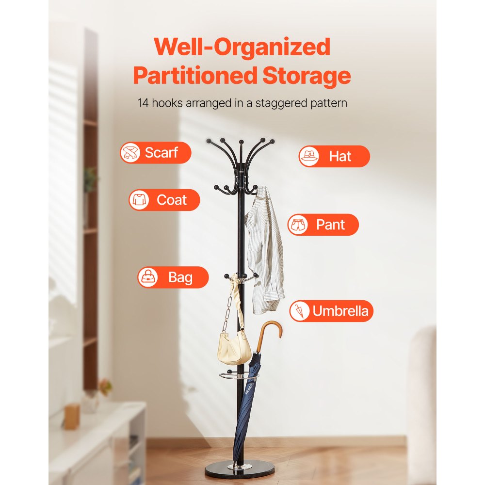 VEVOR Freestanding Coat Rack, Metal Coats Rack Stand with Umbrella Holder, Stable Marble Base & 14 Hooks, Hall Coat Tree for Entryway, Bedroom, Living Room, Stylish Coats Hanger for Hats, Scarves, Bag