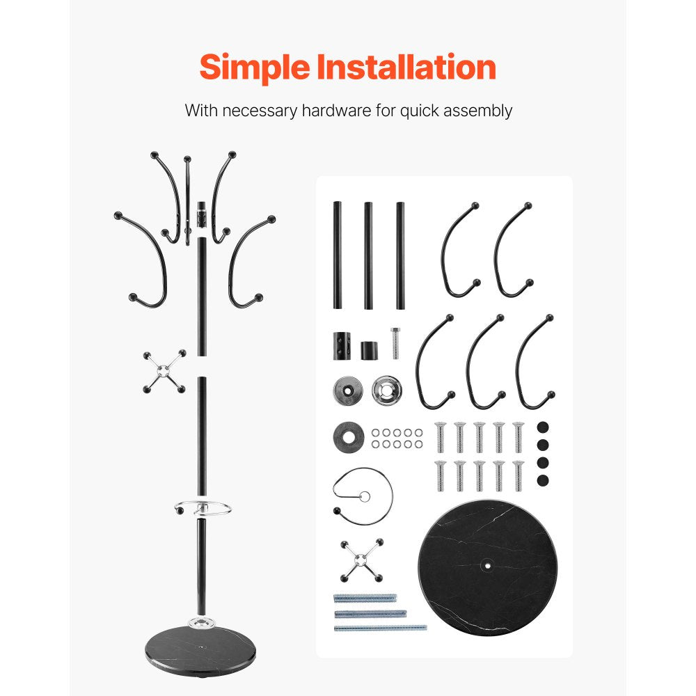 VEVOR Freestanding Coat Rack, Metal Coats Rack Stand with Umbrella Holder, Stable Marble Base & 14 Hooks, Hall Coat Tree for Entryway, Bedroom, Living Room, Stylish Coats Hanger for Hats, Scarves, Bag