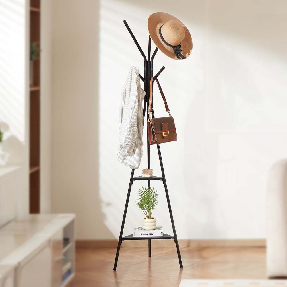 VEVOR Coat Rack, Freestanding Coats Rack Stand with 2 Shelves & 6 Hooks, Free Standing Hall Coat Tree for Entryway, Bedroom, Living Room, Modern Clothes Hanger Stand for Coats, Hats, Scarves, Handbags