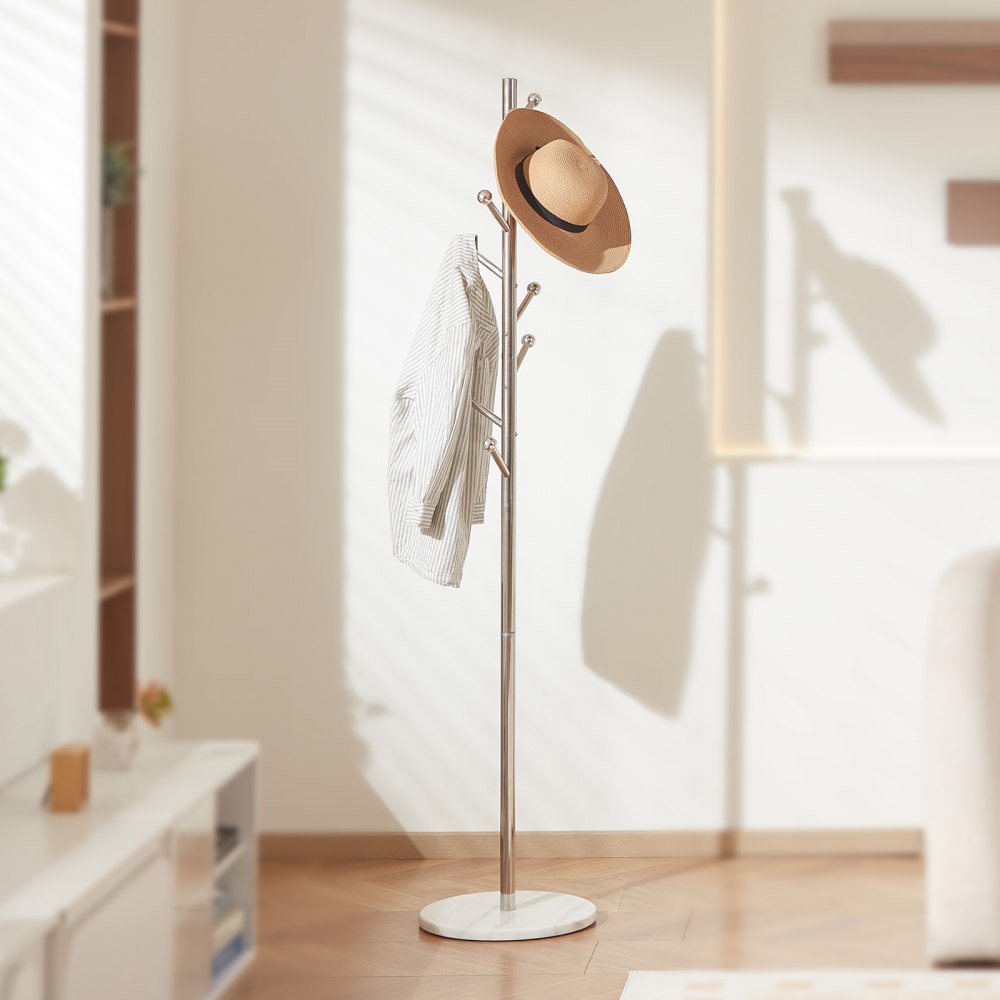 VEVOR Coat Rack, Freestanding Coats Rack Stand with Stable Marble Base & 8 Hooks, Free Standing Hall Coat Tree for Entryway, Bedroom, Office, Living Room, Modern Clothes Hanger for Coats, Hats, Bags