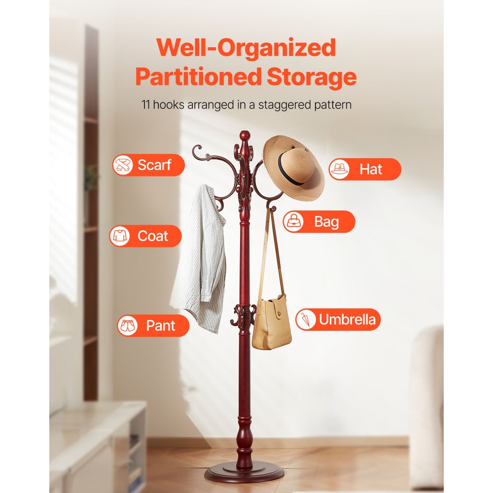VEVOR Coat Rack Freestanding, Wooden Coats Rack Stand with Weighted Base & 11 Hooks, Free Standing Hall Coat Tree for Entryway, Bedroom, Living Room, Modern Clothes Hanger Stand for Coats, Hats, Bag