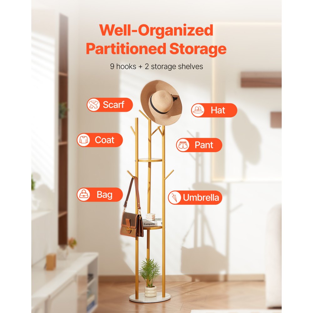 VEVOR Coat Rack, Freestanding Coat Rack Stand with Quartz Stone Base & 9 Hooks, Free Standing Hall Coat Tree for Entryway, Bedroom, Office, Living Room, Modern Clothes Hanger for Coat, Hat, Scarf, Bag
