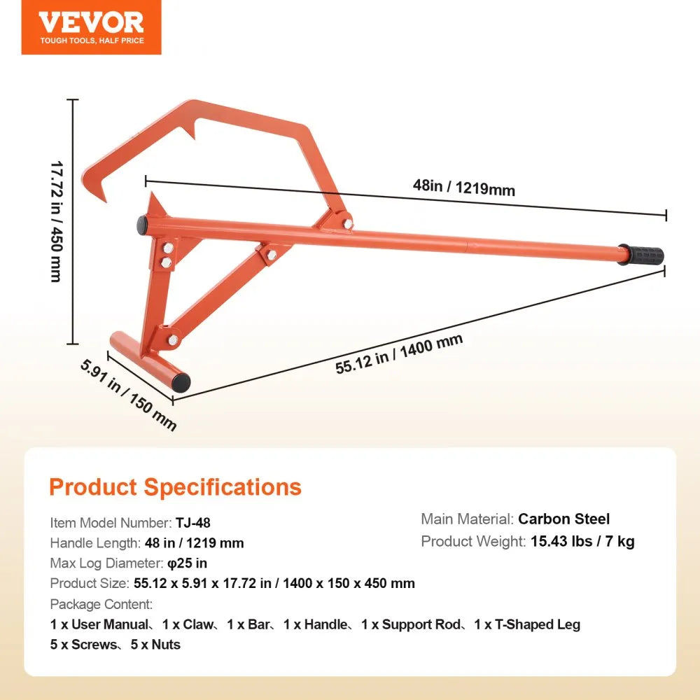 VEVOR Timberjack, 46.5 in, Heavy Duty Steel Log Roller, Log Lifter with Adjustable Cant Hook, Logging Tools Log Jack for Logs Ups to 25" Dia, Timber Jack for Rolling Cutting and Lifting Logs