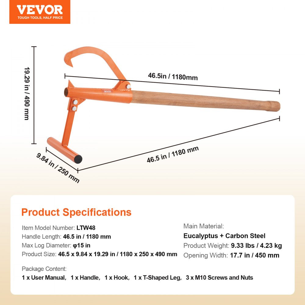 VEVOR Timberjack, 46.5 in, Heavy Duty Log Lifter with Wooden Handle, Log Roller with Adjustable Cant Hook, Logging Tools Log Jack for Logs Ups to 15" Dia, Timber Jack for Rolling Cutting Lifting Logs
