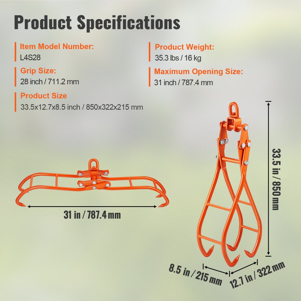 VEVOR Timber Claw Hook, 28 inch 4 Claw Log Grapple for Logging Tongs, Swivel Steel Log Lifting Tongs, Eagle Claws Design with 2205 lbs/1000 kg Loading Capacity for Tractors, ATVs, Trucks, Forklifts