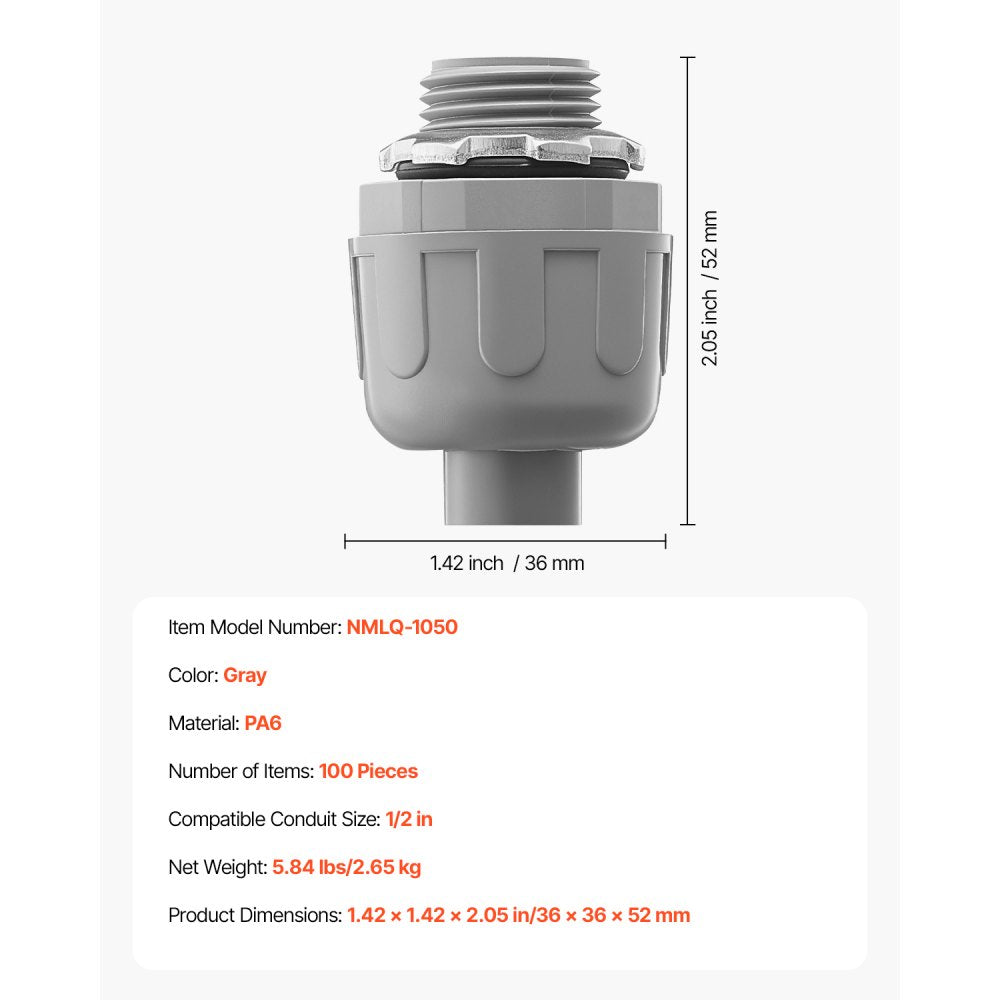 VEVOR 1/2 in 100 pcs Liquid Tight Connector Non-Metallic Conduit Fitting Connector