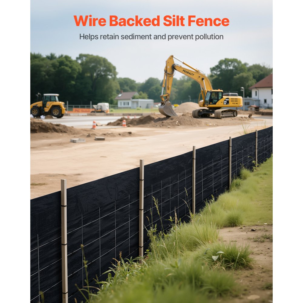 VEVOR Silt Fence Fabric Roll, 2 x 100 ft Backed Wire Silt Fence, Erosion Control Fencing for Sediment Retention, Industrial Grade Temporary Tough Polypropylene Fabric for Construction Job Sites
