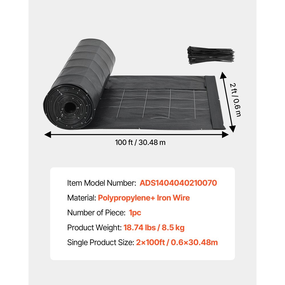 VEVOR Silt Fence Fabric Roll, 2 x 100 ft Backed Wire Silt Fence, Erosion Control Fencing for Sediment Retention, Industrial Grade Temporary Tough Polypropylene Fabric for Construction Job Sites
