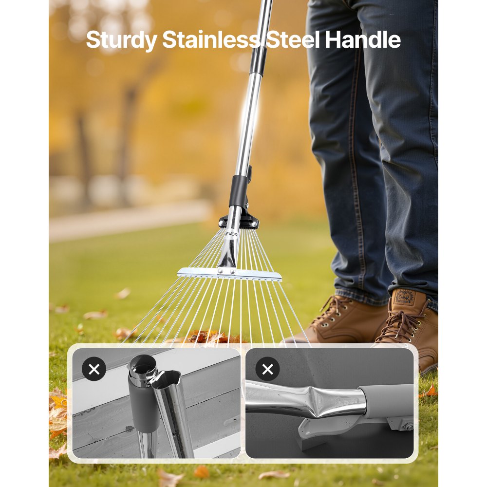 VEVOR Leaf Rake, 18 Metal Tines, Adjustable Garden Rake for Lawns with 7.7-17.1 Inch Head & 32.3-55.6 Inch Long Handle, Heavy Duty Stainless Steel Small Leaves Tool for Gardening Camping Yard Grass