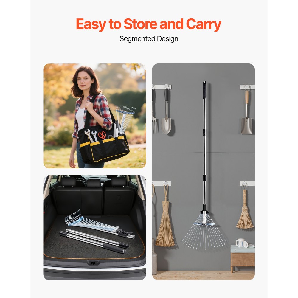 VEVOR Leaf Rake, 18 Metal Tines, Adjustable Garden Rake for Lawns with 7.7-17.1 Inch Head & 32.3-55.6 Inch Long Handle, Heavy Duty Stainless Steel Small Leaves Tool for Gardening Camping Yard Grass
