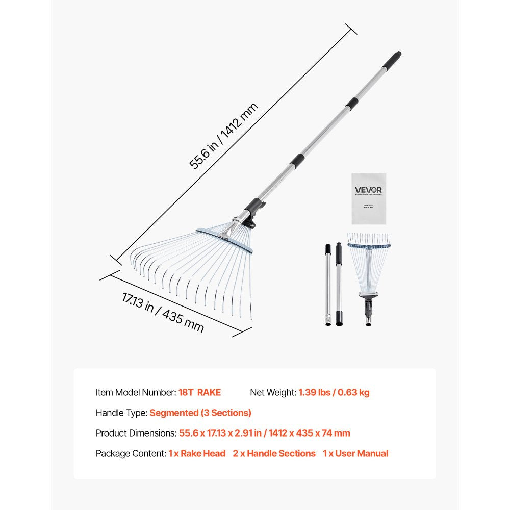 VEVOR Leaf Rake, 18 Metal Tines, Adjustable Garden Rake for Lawns with 7.7-17.1 Inch Head & 32.3-55.6 Inch Long Handle, Heavy Duty Stainless Steel Small Leaves Tool for Gardening Camping Yard Grass