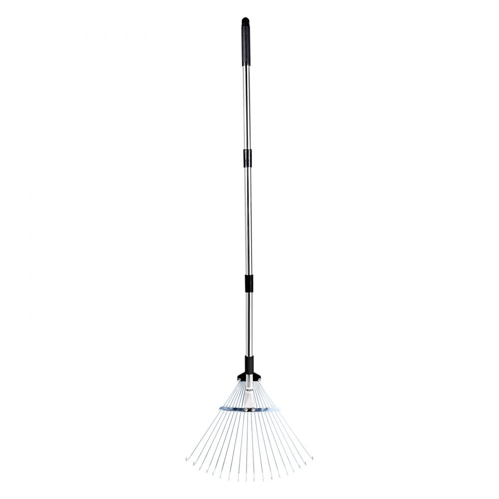 VEVOR Leaf Rake, 18 Metal Tines, Adjustable Garden Rake for Lawns with 7.7-17.1 Inch Head & 32.3-55.6 Inch Long Handle, Heavy Duty Stainless Steel Small Leaves Tool for Gardening Camping Yard Grass