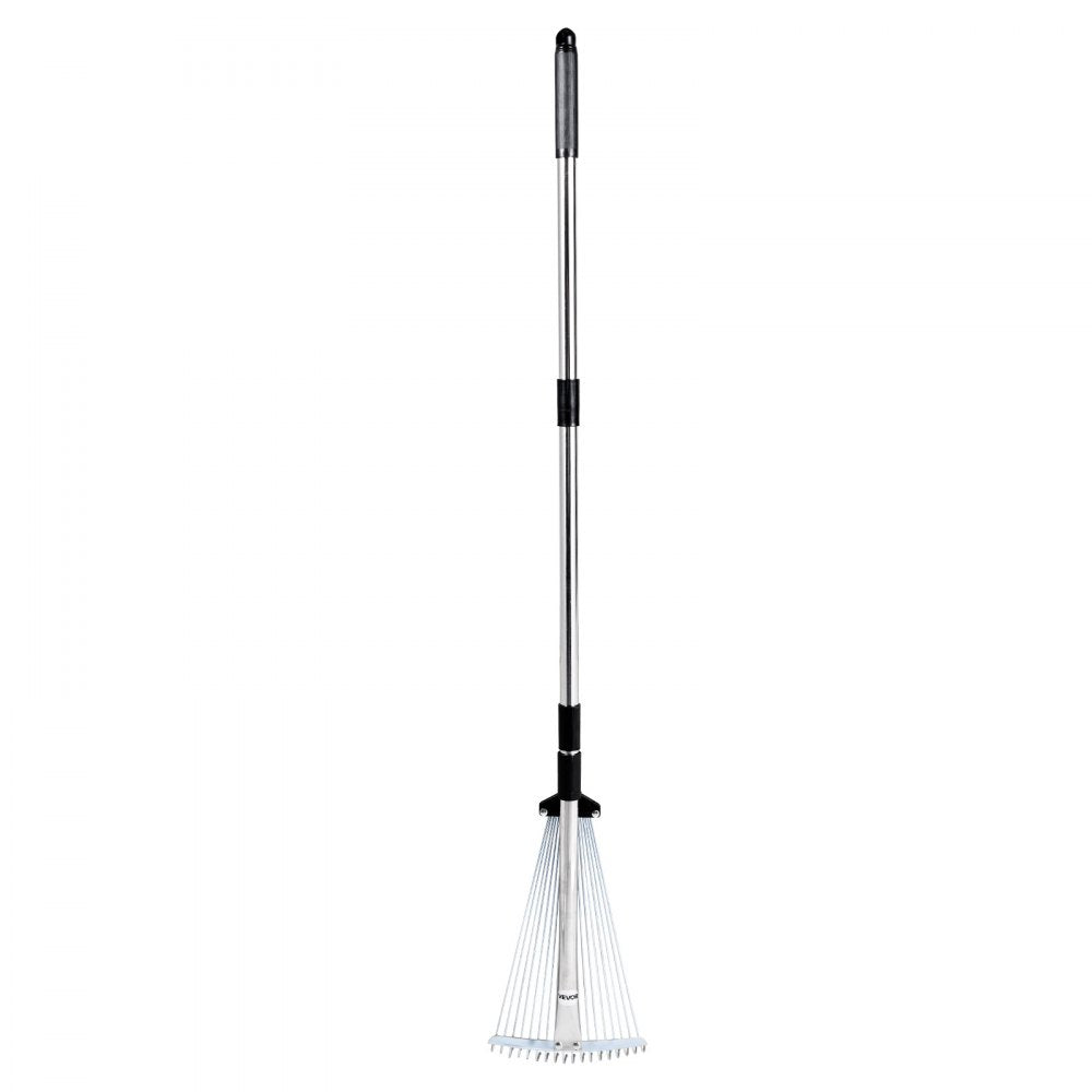 VEVOR Leaf Rake, 18 Metal Tines, Adjustable Garden Rake for Lawns with 7.7-17.1 Inch Head & 32.3-55.6 Inch Long Handle, Heavy Duty Stainless Steel Small Leaves Tool for Gardening Camping Yard Grass