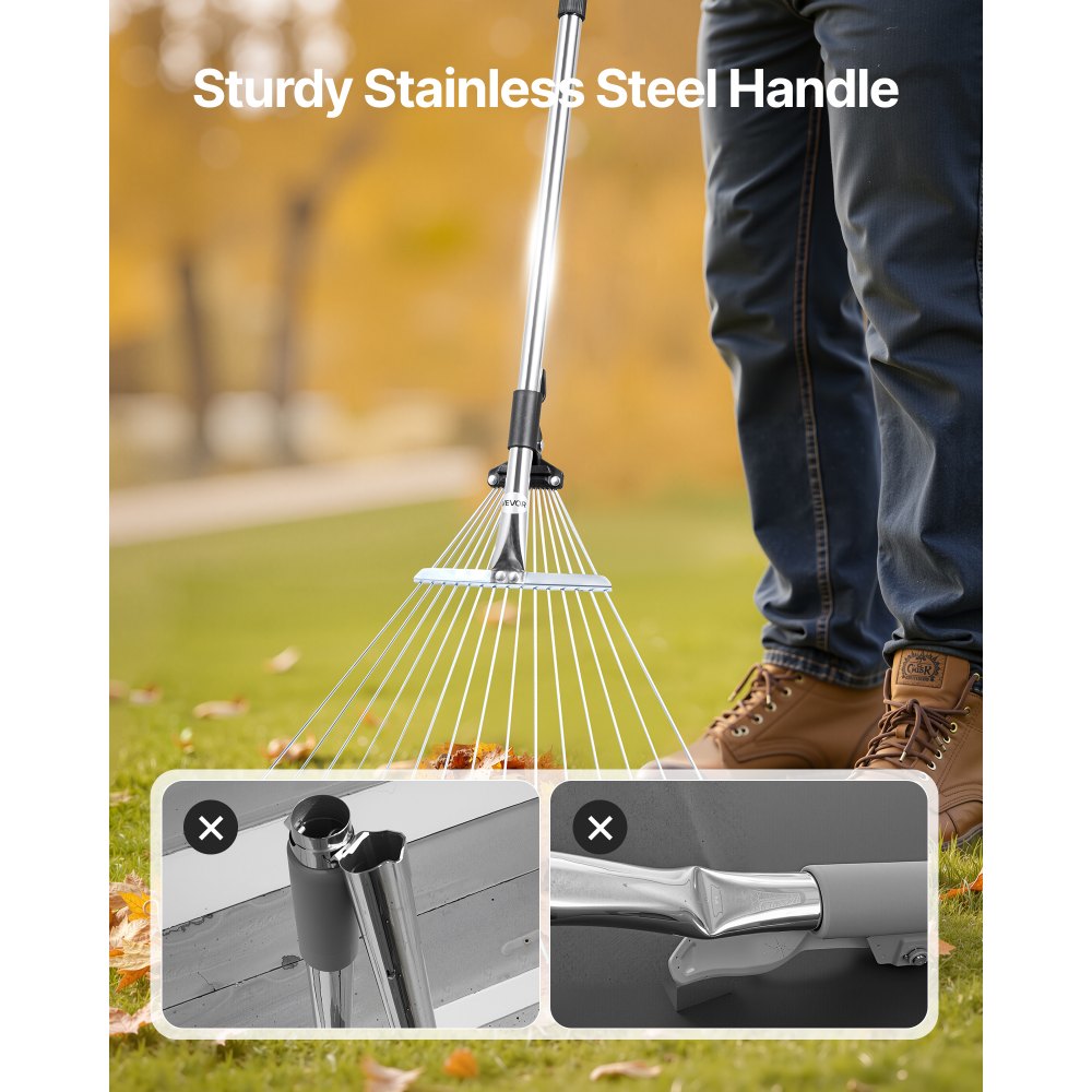 VEVOR Leaf Rake, 15 Metal Tines, Adjustable Garden Rake for Lawns with 7.5-22.4 Inch Wide Head & 32-63 Inch Long Handle, Heavy Duty Stainless Steel Small Leaves Tool for Gardening Camping Yard Grass