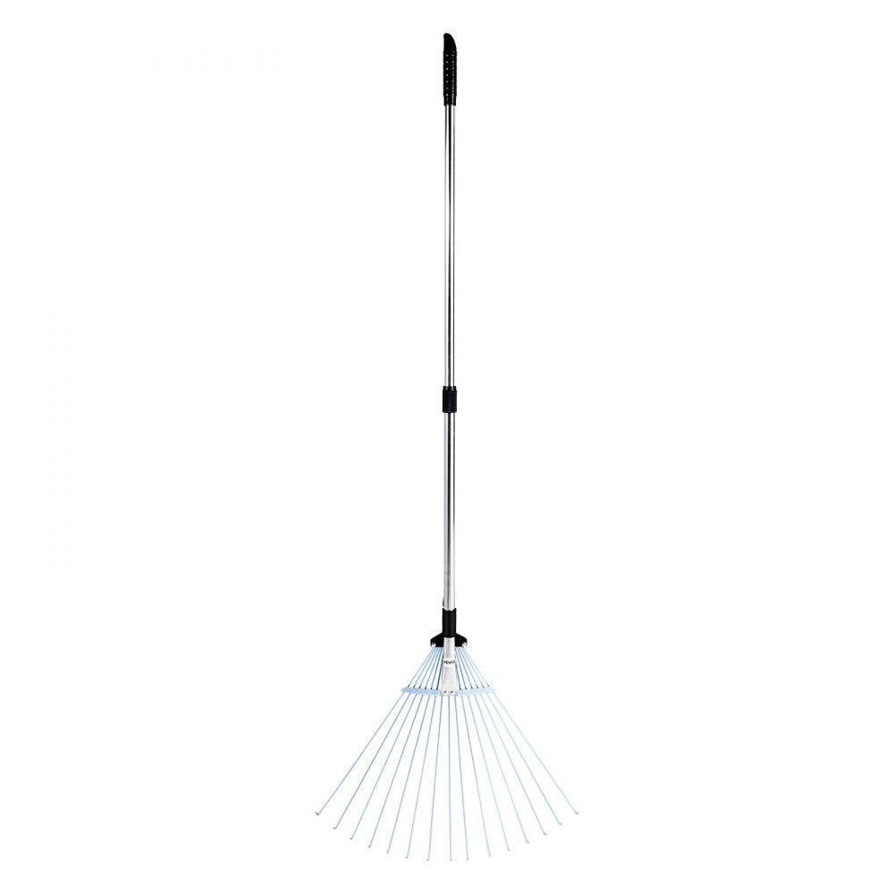VEVOR Leaf Rake, 15 Metal Tines, Adjustable Garden Rake for Lawns with 7.5-22.4 Inch Wide Head & 32-63 Inch Long Handle, Heavy Duty Stainless Steel Small Leaves Tool for Gardening Camping Yard Grass