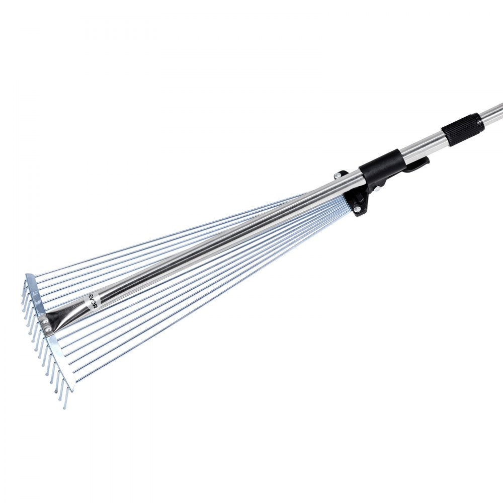 VEVOR Leaf Rake, 15 Metal Tines, Adjustable Garden Rake for Lawns with 7.5-22.4 Inch Wide Head & 32-63 Inch Long Handle, Heavy Duty Stainless Steel Small Leaves Tool for Gardening Camping Yard Grass