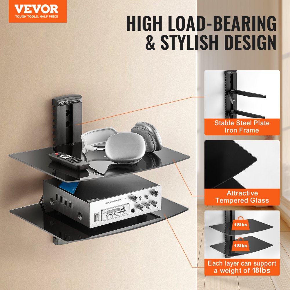VEVOR Glass Floating Shelves, Holds up to 18 lbs, TV Wall Mount with Shelf，Strengthened Floating Entertainment Center for DVD Players / PS4 / Cable Boxes/Game Consoles/Sky Box/TV Accessories-2 Tiers