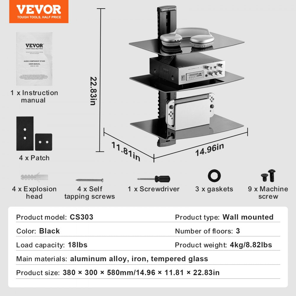 VEVOR Glass Floating Shelves, Holds up to 18 lbs, TV Wall Mount with Shelf，Strengthened Floating Entertainment Center for DVD Players / PS4 / Cable Boxes/Game Consoles/Sky Box/TV Accessories-3 Tiers