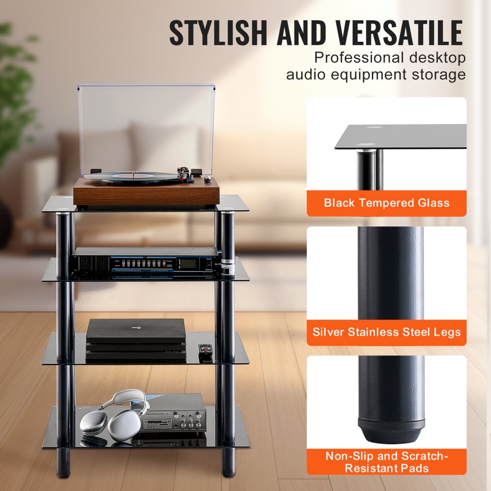 VEVOR 4-Tier AV Media Stand, Audio/Video Stand with Strengthened Tempered Glass Shevles for DVD/Cable Boxes/Games Consoles, Media Storage Cabinet for Gaming/Recording Room