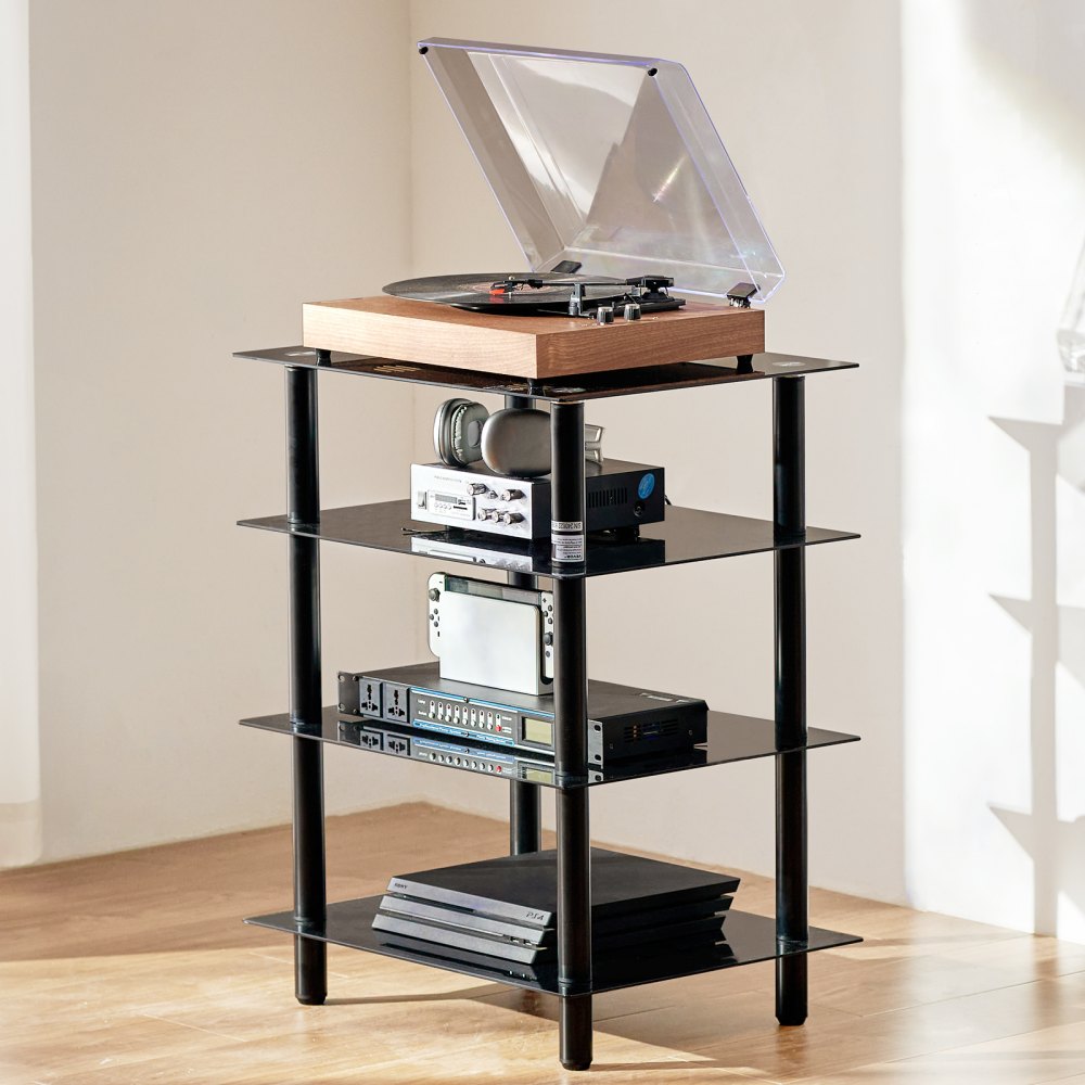 VEVOR 4-Tier AV Media Stand, Audio/Video Stand with Strengthened Tempered Glass Shevles for DVD/Cable Boxes/Games Consoles, Media Storage Cabinet for Gaming/Recording Room