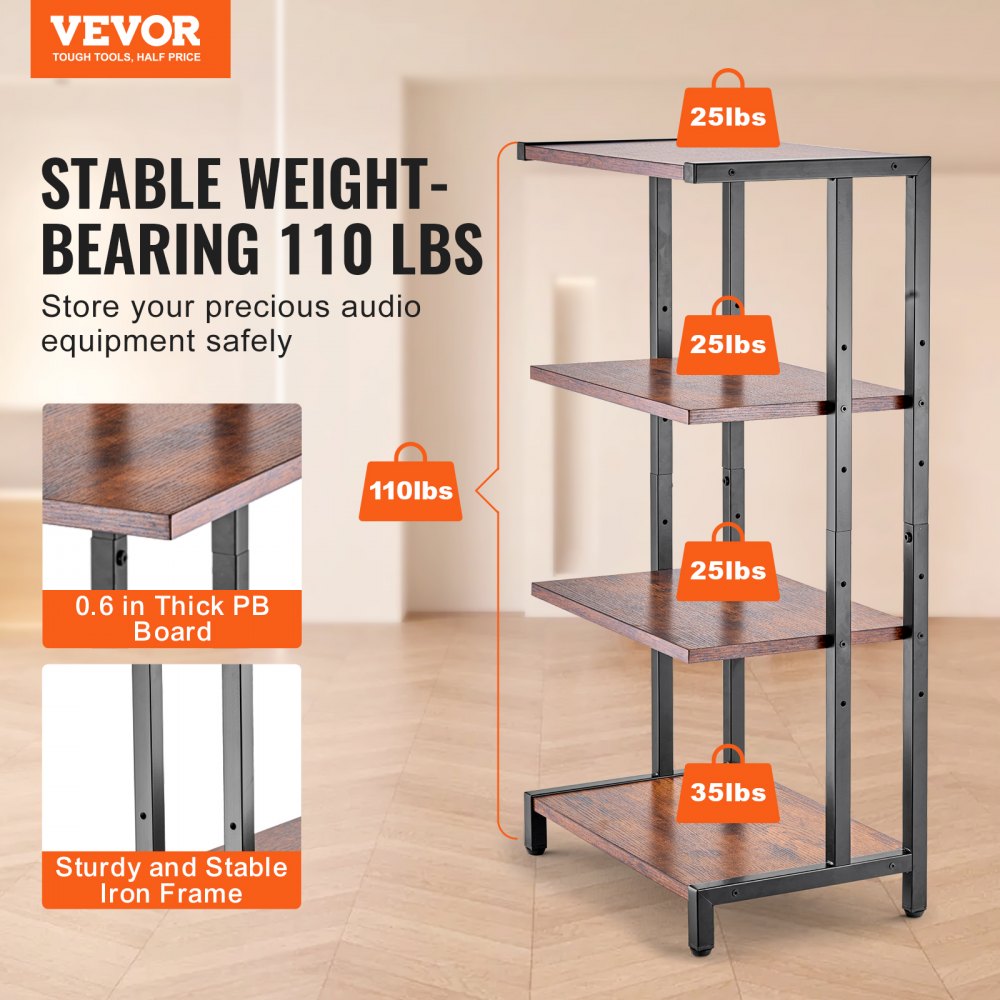 VEVOR 4-Tier AV Media Stand, Corner TV Stand, Height Adjustable Wooden Shelves for DVD Players/Cable Boxes/Games Consoles, Brown