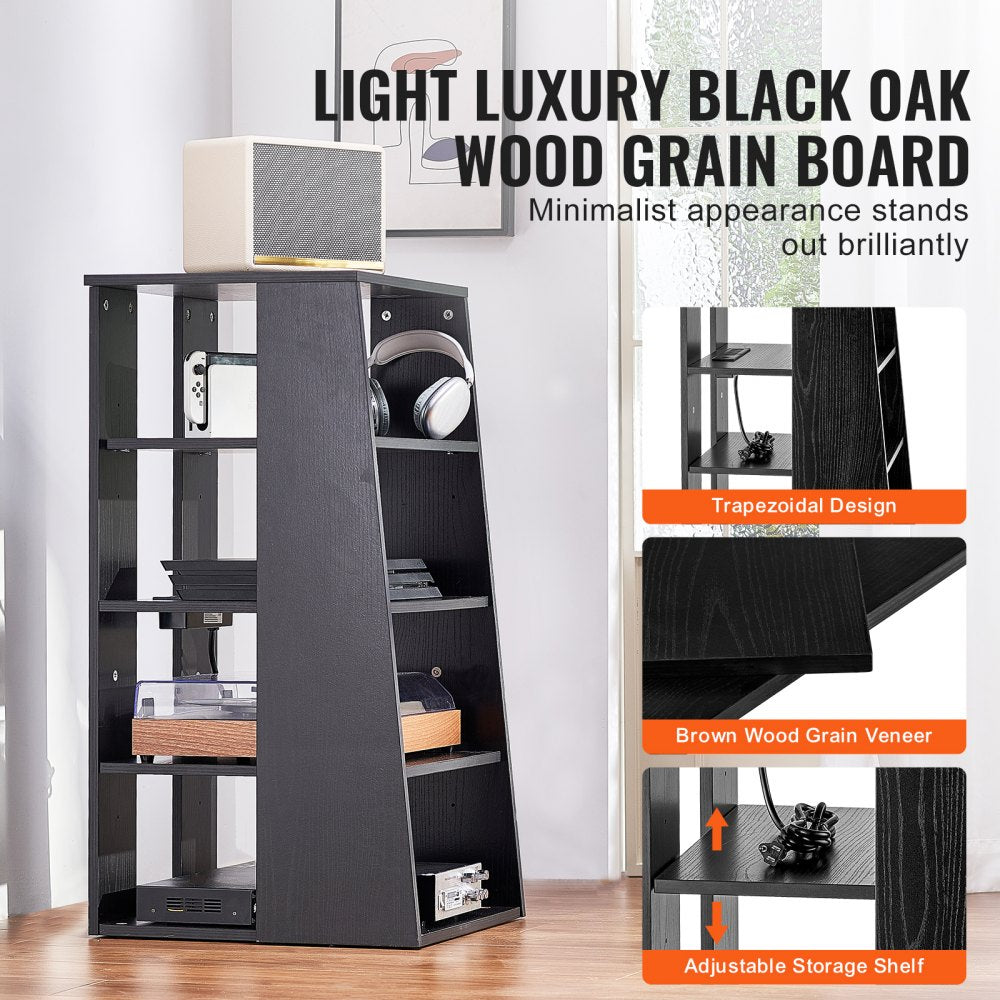 VEVOR 5-Tier AV Media Stand, Wooden Audio-Video Media Stand for DVD Players/Cable Boxes/Games Consoles, Height-Adjustable Media Storage Cabinet for Gaming, Recording Room, Black