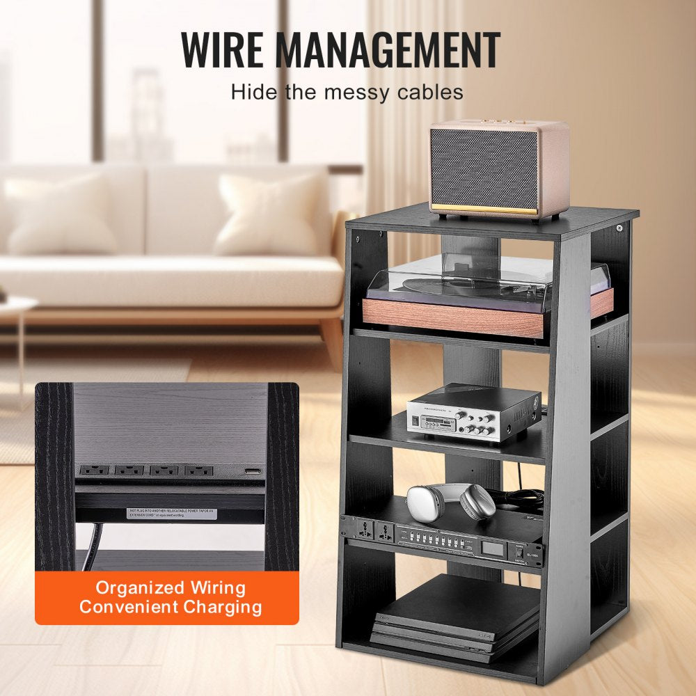 VEVOR 5-Tier AV Media Stand, Wooden Audio-Video Media Stand for DVD Players/Cable Boxes/Games Consoles, Height-Adjustable Media Storage Cabinet for Gaming, Recording Room, Black