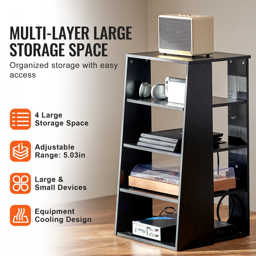 VEVOR 5-Tier AV Media Stand, Wooden Audio-Video Media Stand for DVD Players/Cable Boxes/Games Consoles, Height-Adjustable Media Storage Cabinet for Gaming, Recording Room, Black