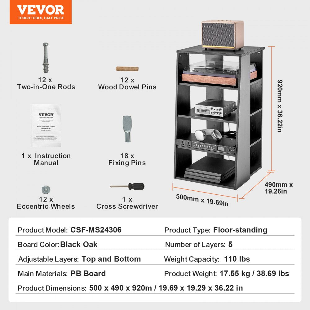 VEVOR 5-Tier AV Media Stand, Wooden Audio-Video Media Stand for DVD Players/Cable Boxes/Games Consoles, Height-Adjustable Media Storage Cabinet for Gaming, Recording Room, Black