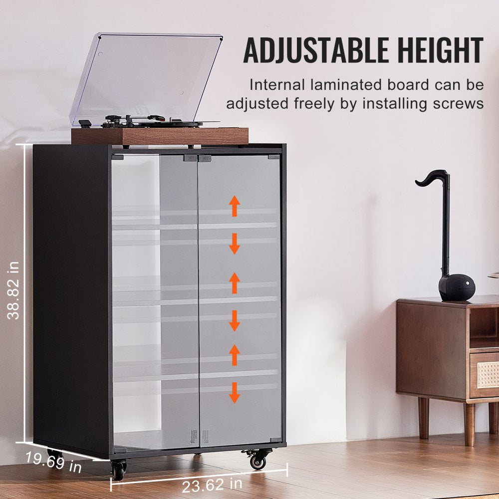 VEVOR 5-Tier AV Media Stand with Wheels, Wooden Audio-Video Media Stand for DVD Players/Cable Boxes/Games Consoles, Height-Adjustable Media Storage Cabinet for Gaming, Recording Room, Black