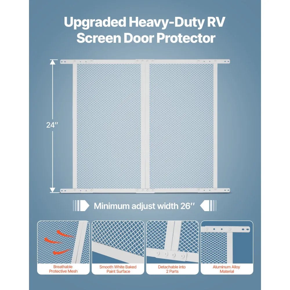 VEVOR RV Screen Door Protector, 24 x 26 inch Door Grille, Easy to Install and Disassemble, Reinforced Breathable Protective Mesh, Aluminum Alloy Camper RV Entry Protector for Pet Protection, White