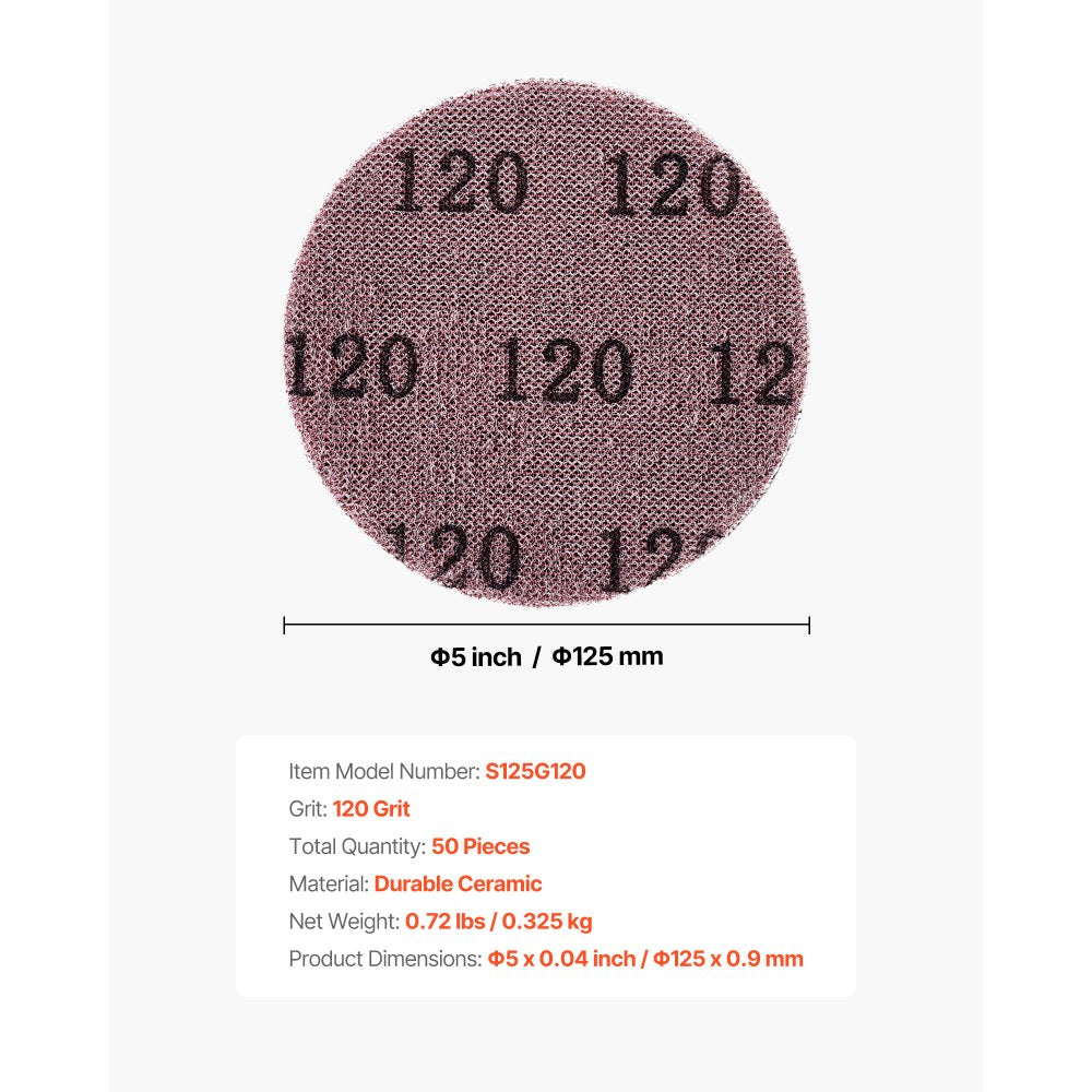 VEVOR 5-inch Mesh Abrasive Sanding Discs, 50PCS 120 Grit Anti-Clogging Ceramic Sandpapers Dust Free, Hook-and-Loop Sanding Discs for Metal Wood Plaster Sanding, Car Body Repair, Paint Removal