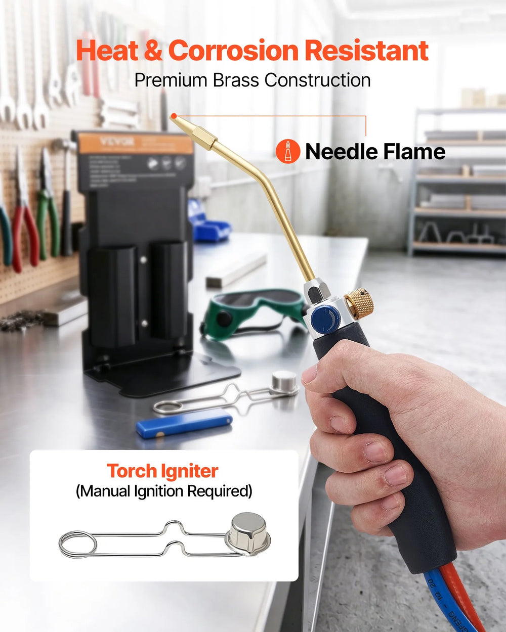 VEVOR Oxygen Propane Torch Kit, Brass Welding Torch for Oxygen MAPP Gas with Dual Pressure Gauges, Portable Oxy-Propane MAPP Brazing Tool Kit with Cylinder Rack for Welding, Soldering, Metal Heating