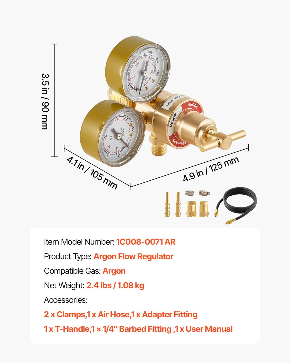 VEVOR Argon Regulator Gauge, Argon CO2 Regulator Welding Gas Gauges for TIG/MIG Welding - with 8.2FT Rubber Hoses, 0-60 SCFH, 0-4000 PSI Inlet Pressure, CGA580 Inlet Connection