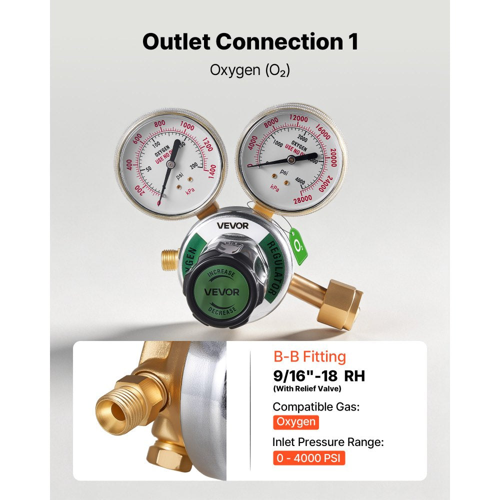 VEVOR Oxygen Acetylene Regulator Set, Oxy-Acetylene Regulators, 0-4000PSI and 0-400PSI Welding Gas Gauges with CGA-540/CGA-510 Inlet Connection & 9/16"-18 Outlet Connection, PC Knob Adjustment