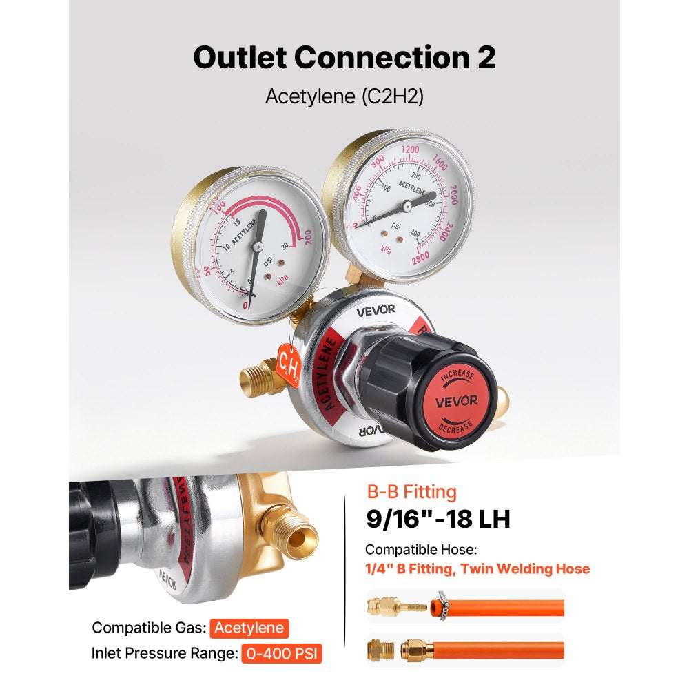 VEVOR Oxygen Acetylene Regulator Set, Oxy-Acetylene Regulators, 0-4000PSI and 0-400PSI Welding Gas Gauges with CGA-540/CGA-510 Inlet Connection & 9/16"-18 Outlet Connection, PC Knob Adjustment