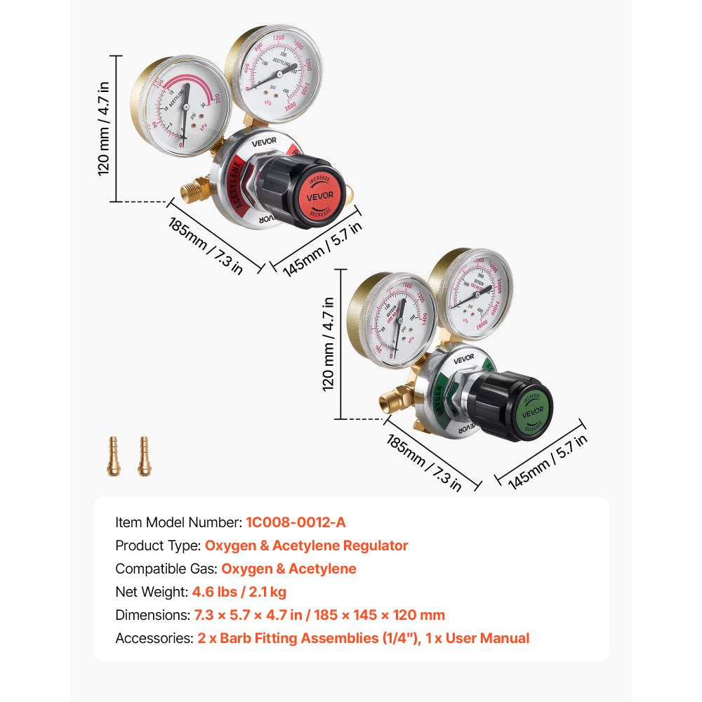 VEVOR Oxygen Acetylene Regulator Set, Oxy-Acetylene Regulators, 0-4000PSI and 0-400PSI Welding Gas Gauges with CGA-540/CGA-510 Inlet Connection & 9/16"-18 Outlet Connection, PC Knob Adjustment