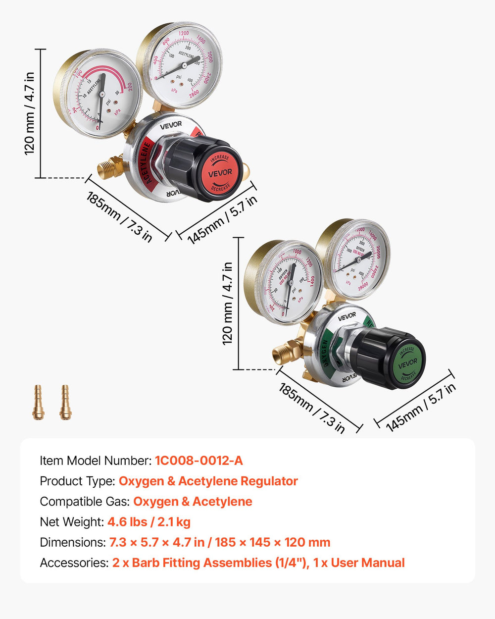 VEVOR Oxygen Acetylene Regulator Set, Oxy-Acetylene Regulators, 0-4000PSI and 0-400PSI Welding Gas Gauges with CGA-540/CGA-510 Inlet Connection & 9/16"-18 Outlet Connection, PC Knob Adjustment