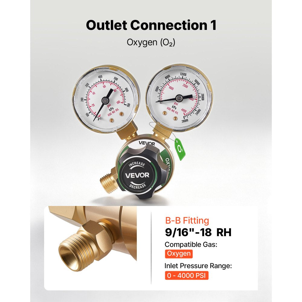 VEVOR Oxygen Acetylene Regulator Set, Oxy-Acetylene Regulators, 0-4000PSI and 0-400PSI Welding Gas Gauges with CGA-540/CGA-200 Inlet Connection & 9/16"-18 Outlet Connection, PC Knob Adjustment