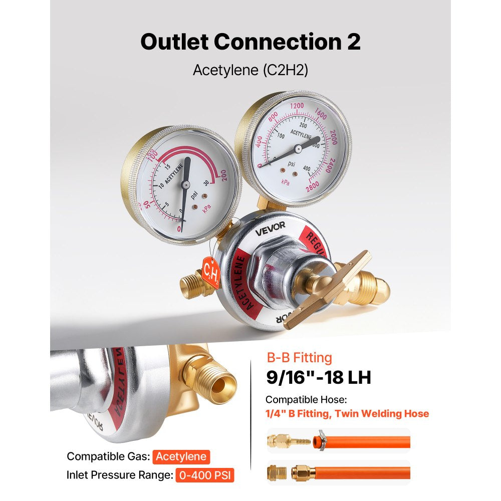 VEVOR Oxygen Acetylene Regulator Set, Oxy-Acetylene Regulators, 0-4000PSI and 0-400PSI Welding Gas Gauges with CGA-540/CGA-510 Inlet Connection & 9/16"-18 Outlet Connection, T-Handle Adjustment